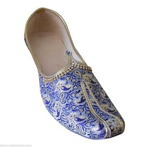 Men Shoes Punjabi Jutties Khussa Groom Indian Wedding Blue Mojari Flat US 6-8 - £43.45 GBP