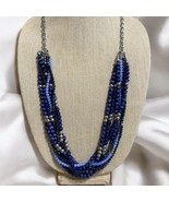 Talbots Blue Glass Beaded Boho Statement Necklace Multi Strand Silver To... - $29.99