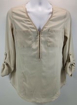 MM) Zac &amp; Rachel Roll Sleeve Zipper Collar Women&#39;s Almond Polyester Blou... - $11.87