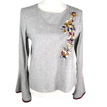 THML Riverside Top Small Gray Embroidered Floral Bell Sleeves Tie New - £23.12 GBP