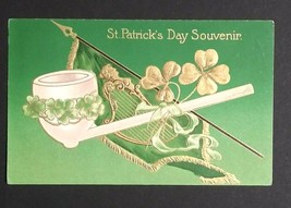 St Patricks Day Souvenir Pipe Harp Clover Embossed Winsch Back Vtg Postcard 1909 - £5.50 GBP