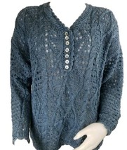 Vintage Crochet Sweater Womens Indigo Blue Cotton Blend J&amp;M Varon Handknit Open - £25.31 GBP