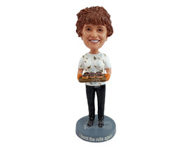 Custom Bobblehead Dazzling lady holding a tray of burnt freshly baked rolls - Le - £70.39 GBP