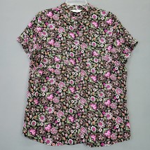 Croft Barrow Shirt Women Size L Black Preppy Floral Cottage Buttons Short Sleeve - £9.33 GBP