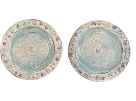 Plates 2 Brass Chalk Painted Turquoise White 11 inch Round Wall Home Decor - £14.04 GBP
