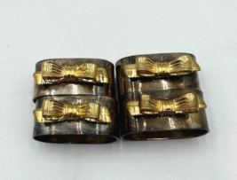 Vintage Audry Set 4 Napkin Rings Silver Plate Gold Tone Bows 2&quot; Oval Metal - £11.59 GBP