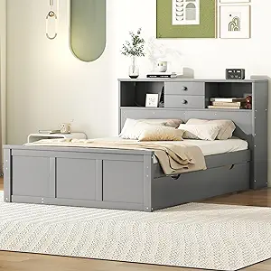 Merax Full Size Bed Frame with Twin Trundle 3 Drawers Storage Upper Shel... - £724.03 GBP
