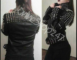 New Woman Black Full Silver Spiked Studded Punk Rock Biker Leather Jacket Belted - £263.77 GBP