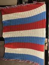 Vint Handmade Crochet Afghan Blanket Throw Red White Blue Large Stripe 70” X 45” - £35.05 GBP