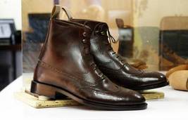 Handmade Brown Leather Wing Tip Brogue Boots, Bespoke Dress lace Up Boots - £125.37 GBP+