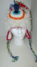 Hand made crocheted one eyed cyclops monster fun fur curly ques bow wint... - $7.20