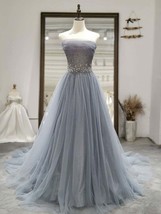 Gray tulle sequin long prom dress, gray tulle formal dress - £158.07 GBP