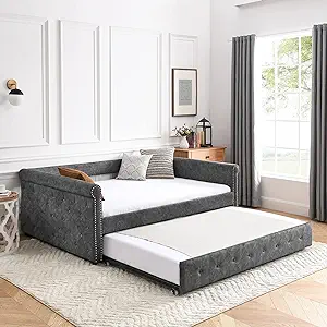 Upholstered Full Size Daybed With Twin Trundle, Solid Wooden Sofa Bed Fr... - $1,003.99