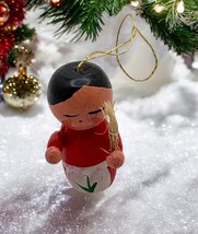 Vintage Wooden Doll Mini Christmas Ornament with Apron Hand Painted - £6.56 GBP