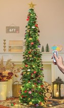 6 FT Pop Up Christmas Tree with 100 LED Lights Remote Green Tinsel Artificial Pe - $94.05