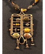 Chico’s Black Brown Multi Glass Bead Metal Pendant Tribal Necklace Choker - $27.35 CAD