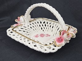 Capodimonte Porcelain Square Woven Basket White with Pink Roses with Han... - $34.29