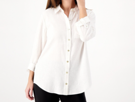 Susan Graver Petite Pure Linen Blend Button Front Shirt White Solid,Petite Small - £23.70 GBP