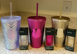 2022 Starbucks Clear/Pink/Gold Studded Grande Tumbler Set w/ Keychains NEW - £106.83 GBP