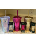 2022 Starbucks Clear/Pink/Gold Studded Grande Tumbler Set w/ Keychains NEW - £104.54 GBP