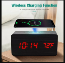 Wooden Digital Alarm Clock with Wireless Phone Charging Pad Black - £55.94 GBP