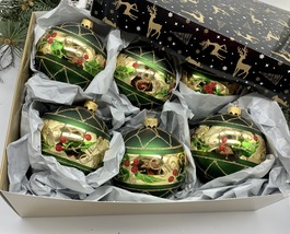 Set of 6 green and gold Christmas glass balls, hand painted ornaments with box - £57.30 GBP