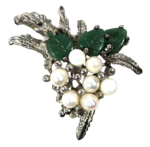 Silver Pin Brooch Grapevine Cluster Faux White Pearls Green Leaves Vinta... - $15.69