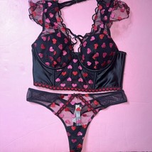 Victoria&#39;s Secret high-neck S-DD 32DD 34DD Bra Set Black Red Pink Heart Embroid - £54.49 GBP