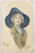 1912 Schlesinger Bro Victorian Lady w/ Blue Wide Brim Fashion Glamour Postcard - £6.14 GBP