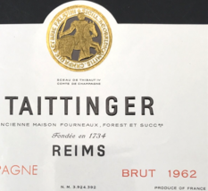 VTG 1962 Taittinger Reims Champagne Brut Wine Bottle Label France 4x4.75 - £10.81 GBP