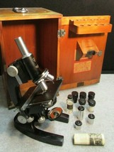 Antique Bausch &amp; Lomb Microscope Complete With Original Locking Wood Case &amp; Key - £279.77 GBP