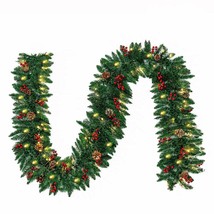 10Ft Red Berries Snow Pine Cones Christmas Garland With 50 Led Lights Xmas Decor - £61.36 GBP