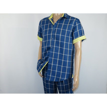 Men INSERCH premium Soft Cool Linen  2pc Walking Leisure suit 7098 Blue Plaid image 3