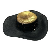 Vtg Whittall &amp; Shon Black Wide-Brim Hat with Gold Sequin Crown &amp; Studded... - $45.00