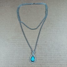 Vtg Avon Blue Faux Turquoise Teardrop Necklace Texture Silver-Tone Doubl... - £8.93 GBP