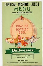 Central Mission Lunch Menu San Francisco California Budweiser Cover 1930&#39;s - £69.55 GBP