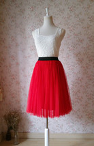 Red Tea Length Midi Skirt Women Custom Plus Size Tulle Skirt Outfit