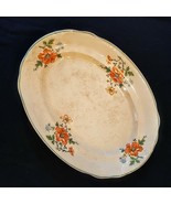 Orange Blue Flower Meat Platter Green Trim VTG Farmhouse Crazed Serving ... - $17.82