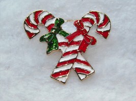 Xmas In July!! 2&quot; Christmas Pin Gold Candy Canes Holiday Brooch Reduced!! - £5.41 GBP