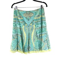 Elie Tahari Skirt Pleated A Line Cotton Stretch Paisley Blue Green 4 - £4.70 GBP