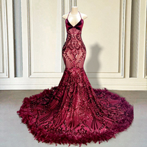 Burgundy Sparkly Prom Dresses for Women Feather Birthday Party Dress For... - £201.51 GBP