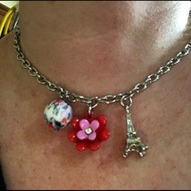 Paris Charm Choker Necklace Silver Chain Flower, Bead - $39.99