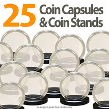 25 Coin Capsules &amp; 25 Coin Stands For Morgan / Peace / Ike Dollars Airtight 38mm - £14.99 GBP