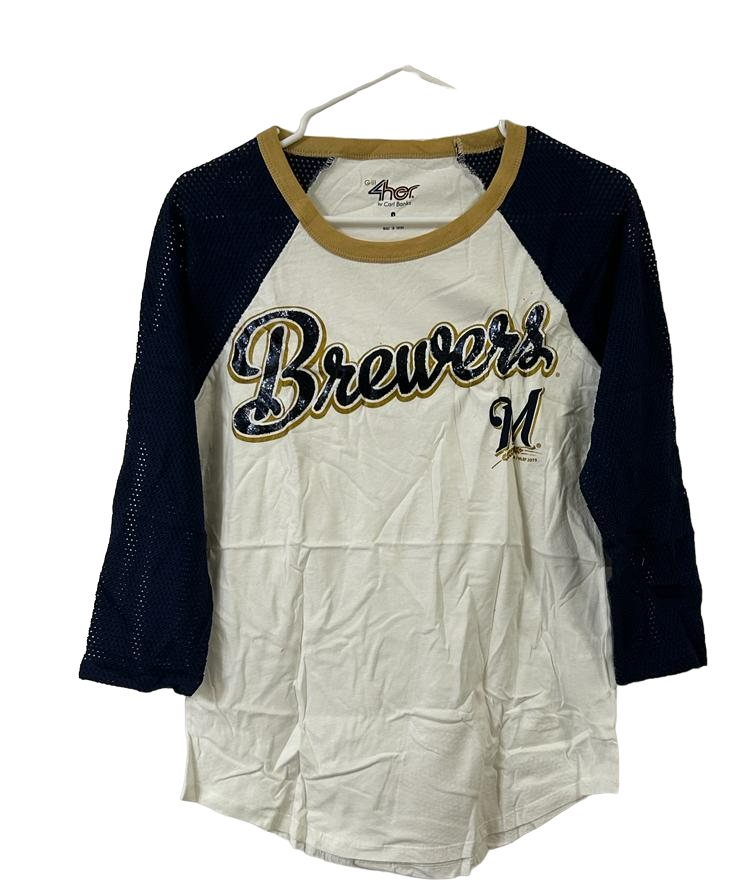 Primary image for G-III Women's Milwaukee Brewers Backstop 3/4 Sleeve Raglan T-Shirt, White, Small