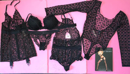 Victoria&#39;s Secret 32D Bombshell Bra Set+S Garter Slip+Teddy Black Floral Lace - £173.87 GBP