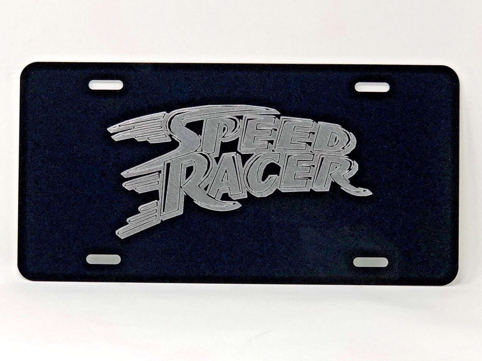 Speed Racer logo Car Tag Diamond Etched on Black Aluminum License Plate