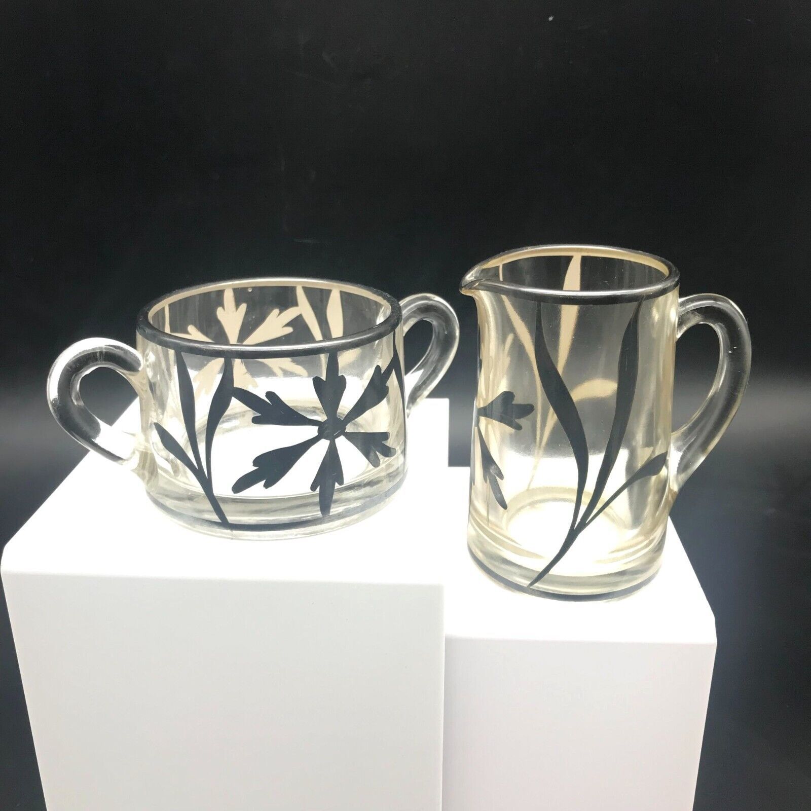 Vintage Sterling Silver Overlay Sugar and Creamer, Clear Glass 1930s Botanical - £30.89 GBP