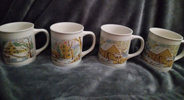 Vintage Sunny Korea Mugs Stoneware Winter Barnyard Scenes Set Of 4 - $49.49