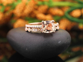 1.90Ct Cushion Cut Morganite &amp; Sim Diamond Filigree Bridal Wedding Ring Set - £59.78 GBP