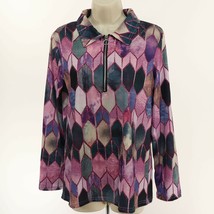 Sheilay Womens Pullover Shirt M Medium Zip Neck Geometric Pink Purple Green EUC - £13.94 GBP